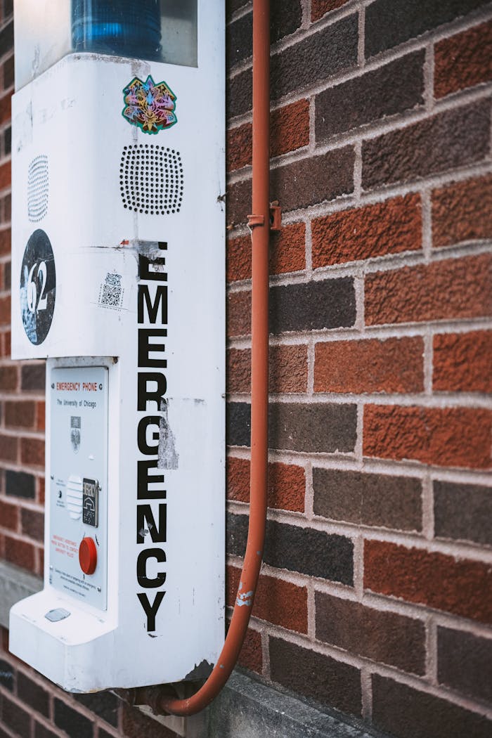 Close-up of an emergency call box mounted on a brick wall in urban setting.
